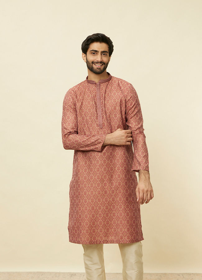 Manyawar Rust Red Trellis Patterned Kurta Set - India shopping