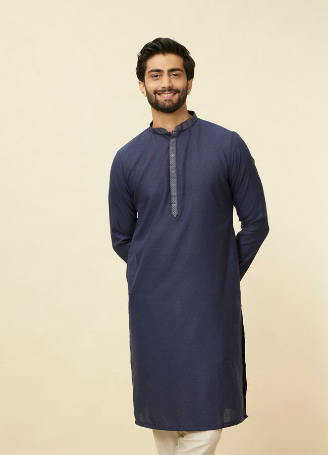 Manyawar Navy Blue Diamond Patterned Kurta Set