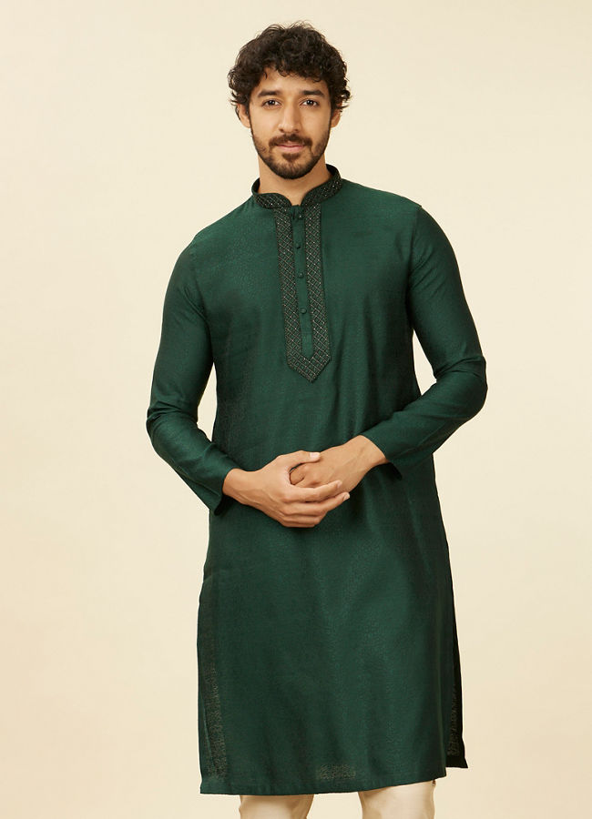 Manyawar Dark Green Bel Buti Patterned Kurta Set