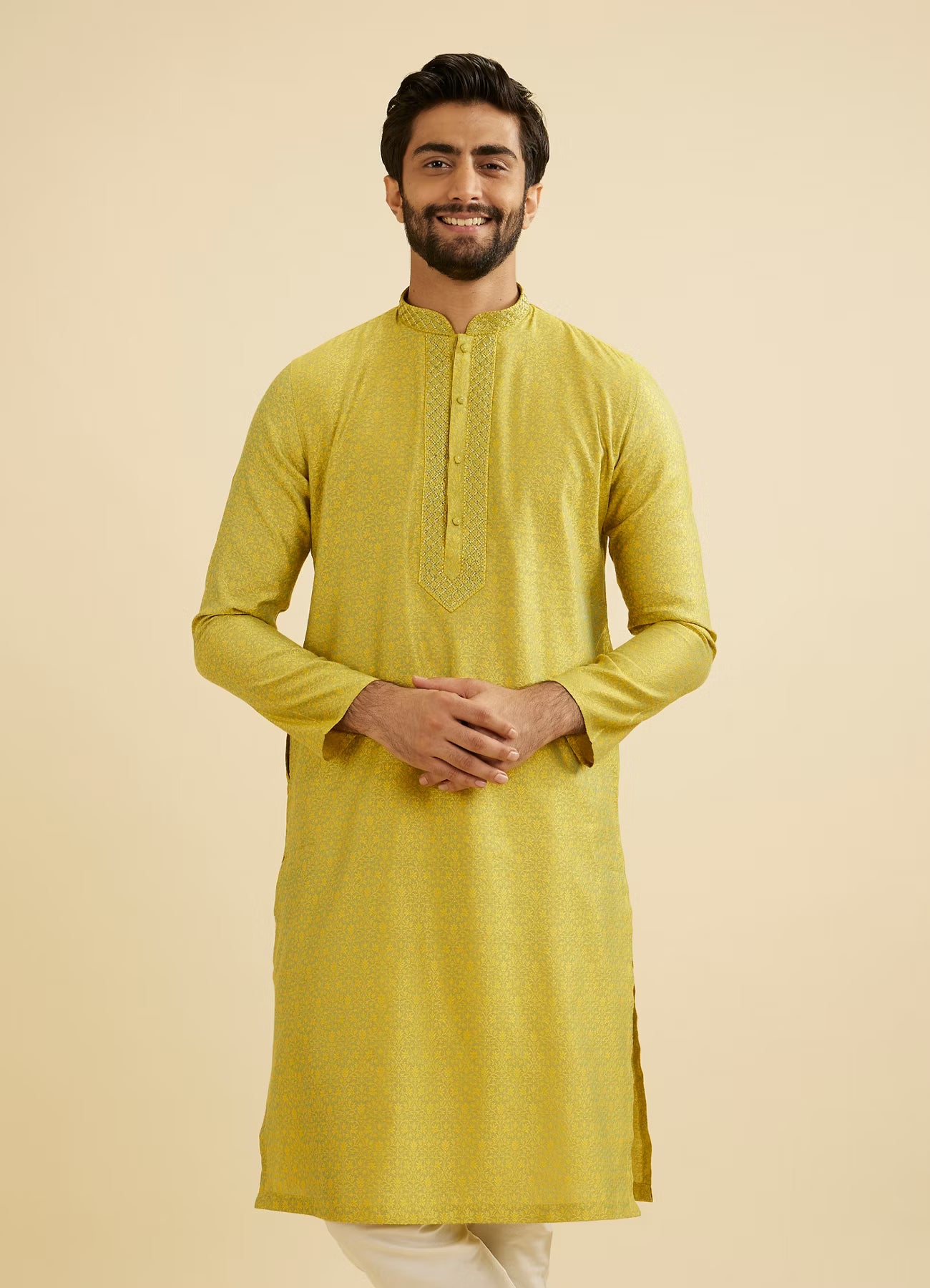 Manyavar Mehndi Green Bel Buti Patterned Kurta Set | Ready To Wear