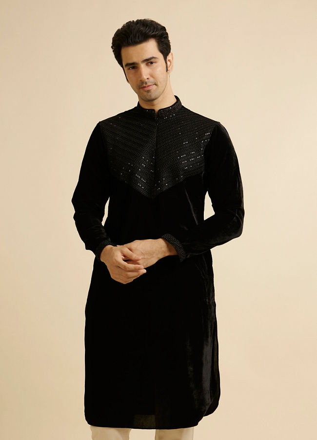 Manyawar Elegant Black Velvet Kurta Pajama