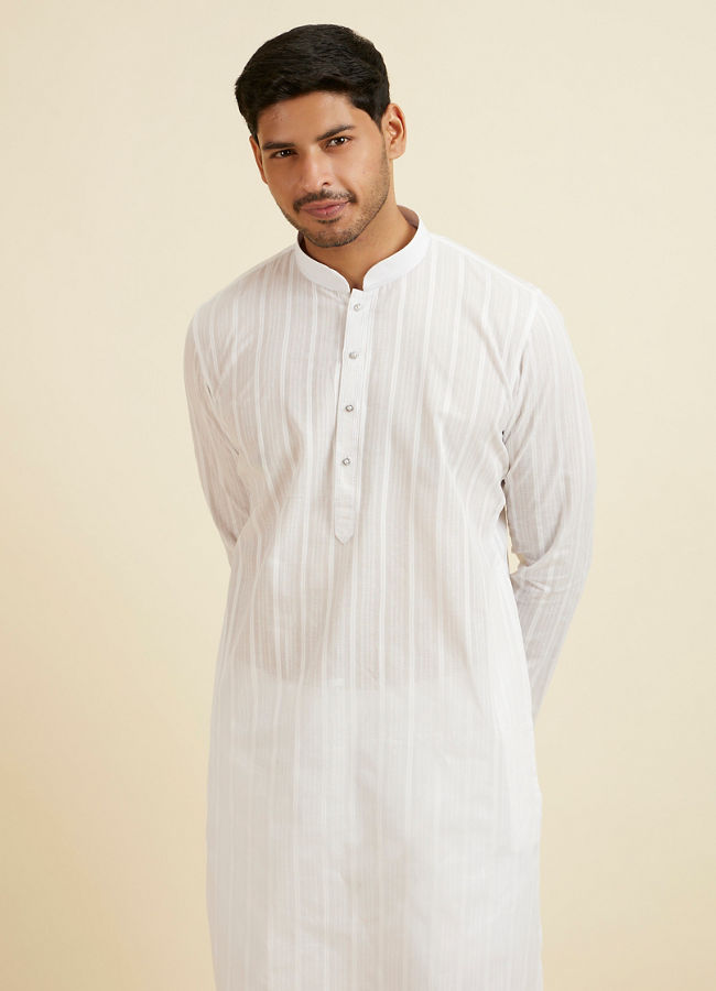 Manyawar White Cotton Self Design Kurta Set