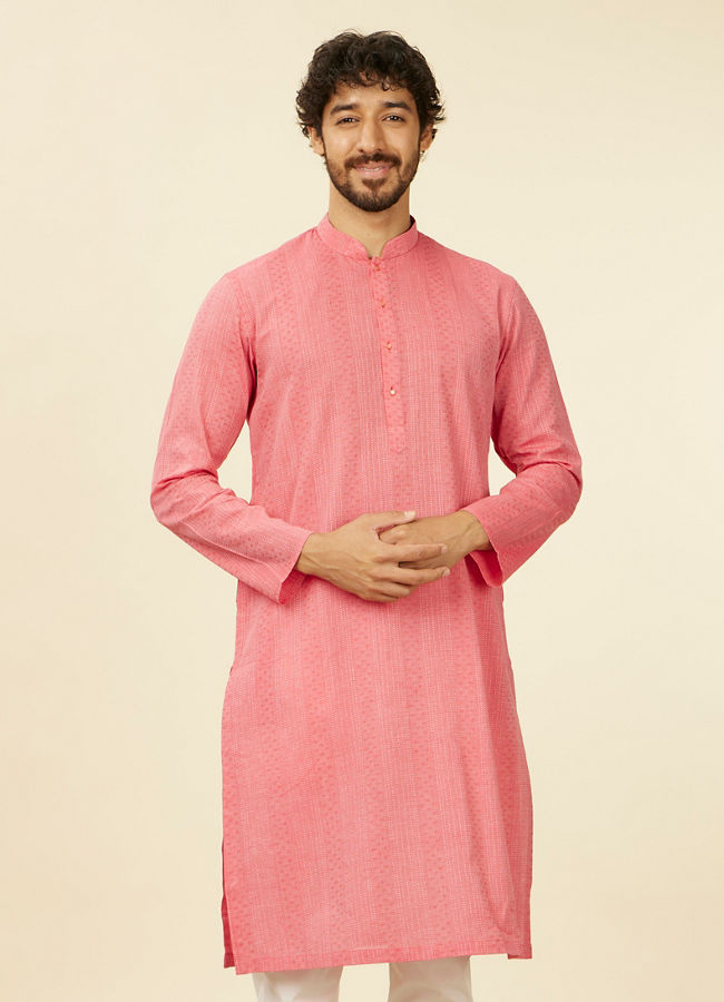 Manyawar Coral Pink Self Patterned Kurta Set