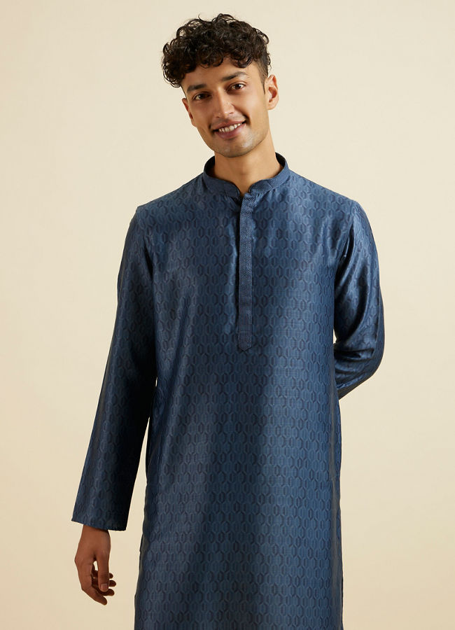 Manyawar Dark Blue Hexagonal Patterned Kurta Set