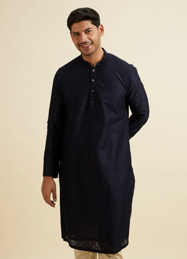 Manyawar Dark Blue Self Patterned Kurta Set