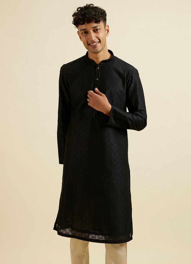 Manyawar Black Self Patterned Kurta Set