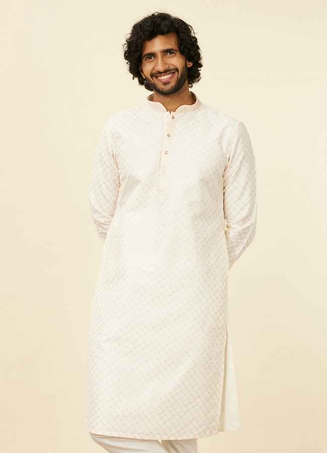 Manyawar Warm White Lattice Patterned Kurta Set