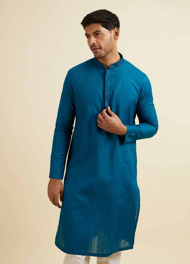 Manyawar Teal Blue Striped Plain Kurta Set