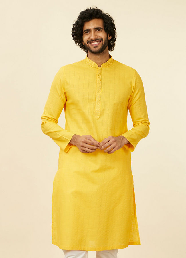 Manyawar Mustard Yellow Self Striped Kurta Set