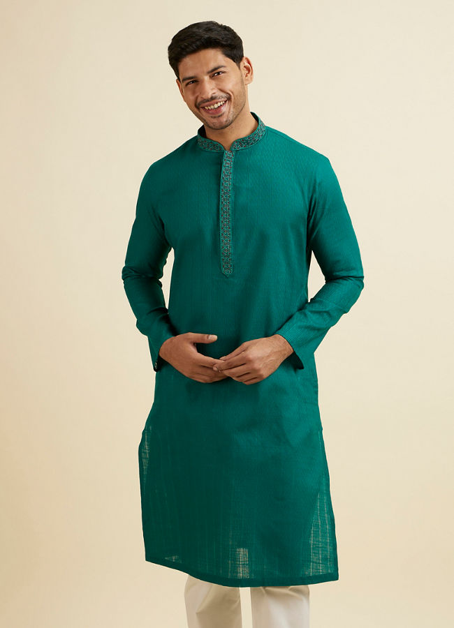 Manyawar Teal Green Striped Plain Kurta Set