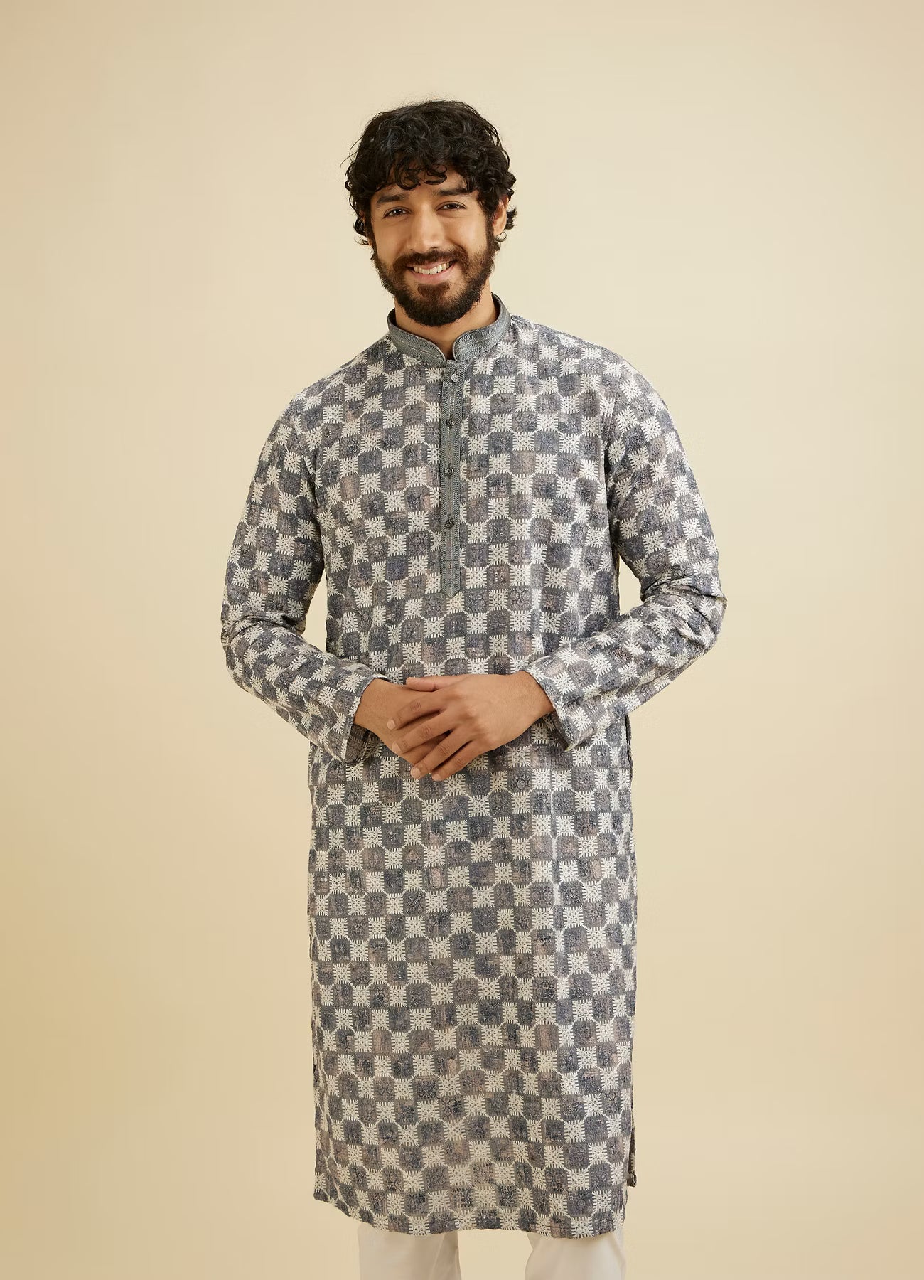 Manyavar Grey Chikankari Printed Kurta Set With Striped Collar | Ready To Wear