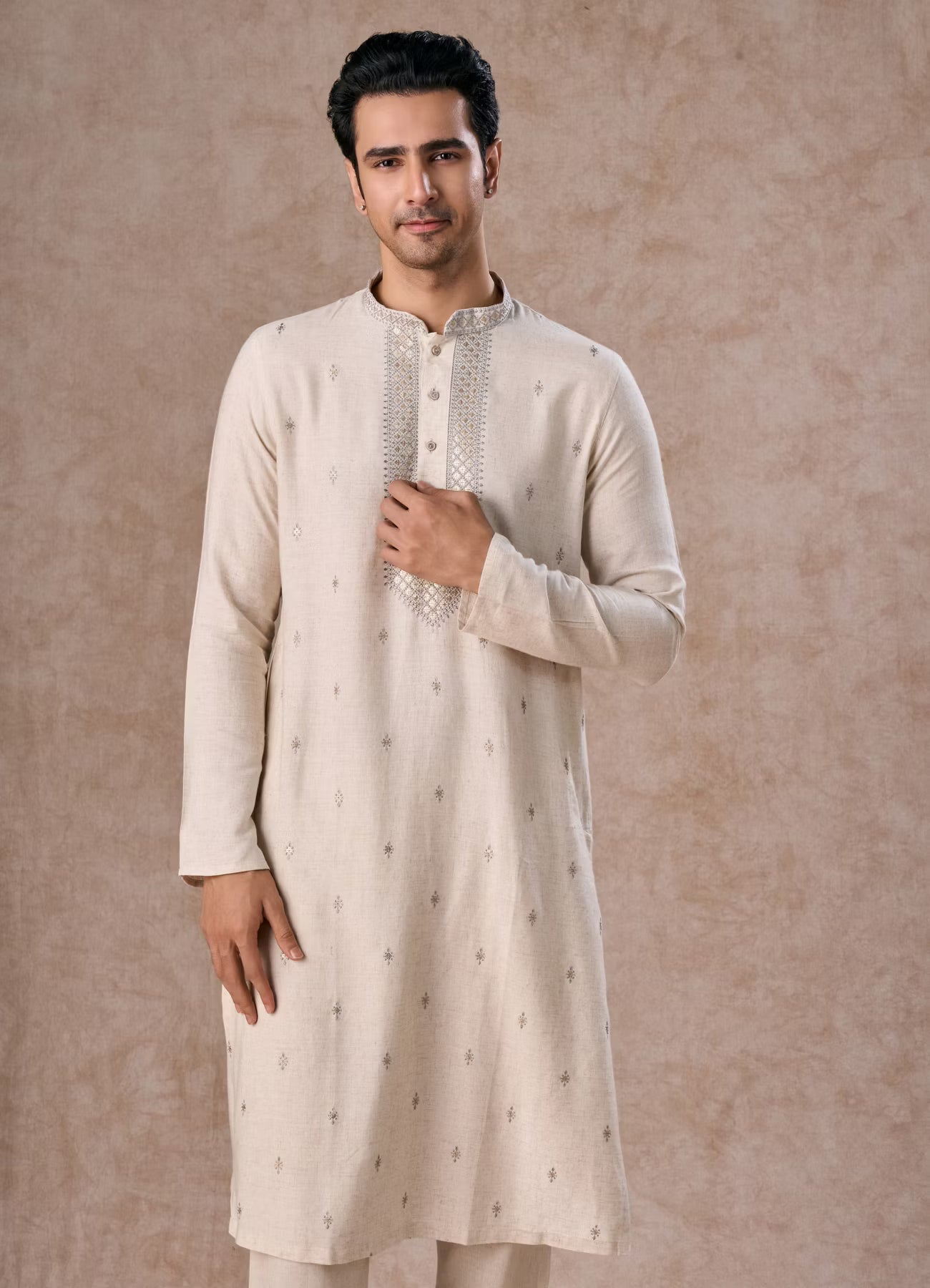 Manyavar Light Grey Elegant Kurta Pajama | Ready To Wear