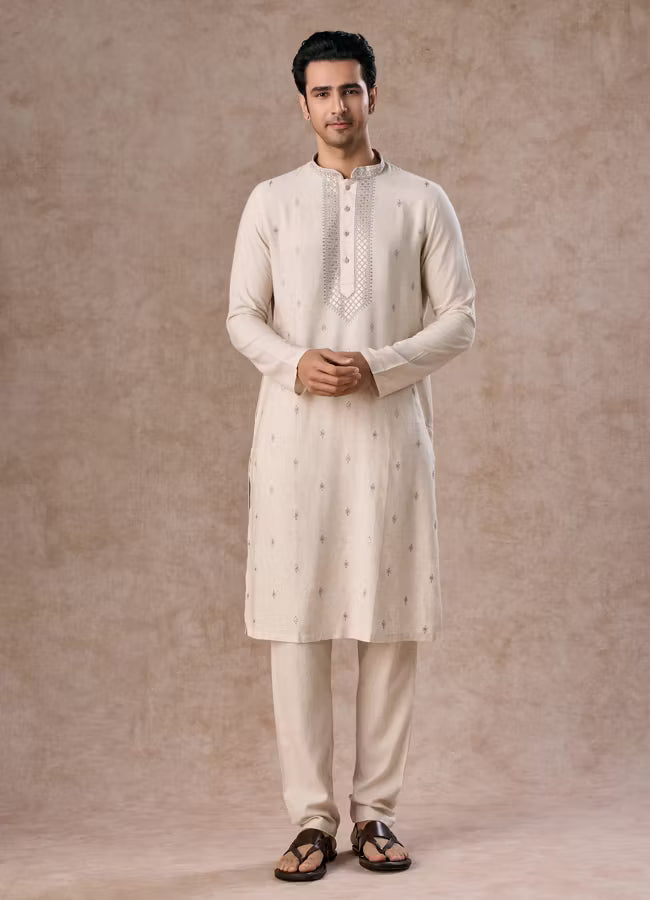 Manyavar Light Grey Elegant Kurta Pajama | Ready To Wear