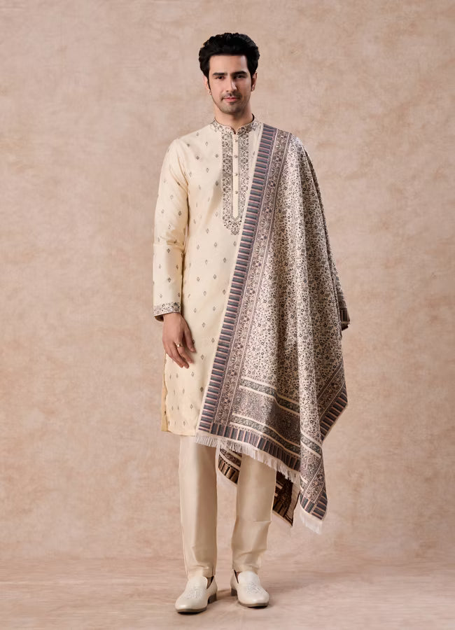 Manyavar Swanky Beige Kurta Pajama Dupatta Set | Ready To Wear