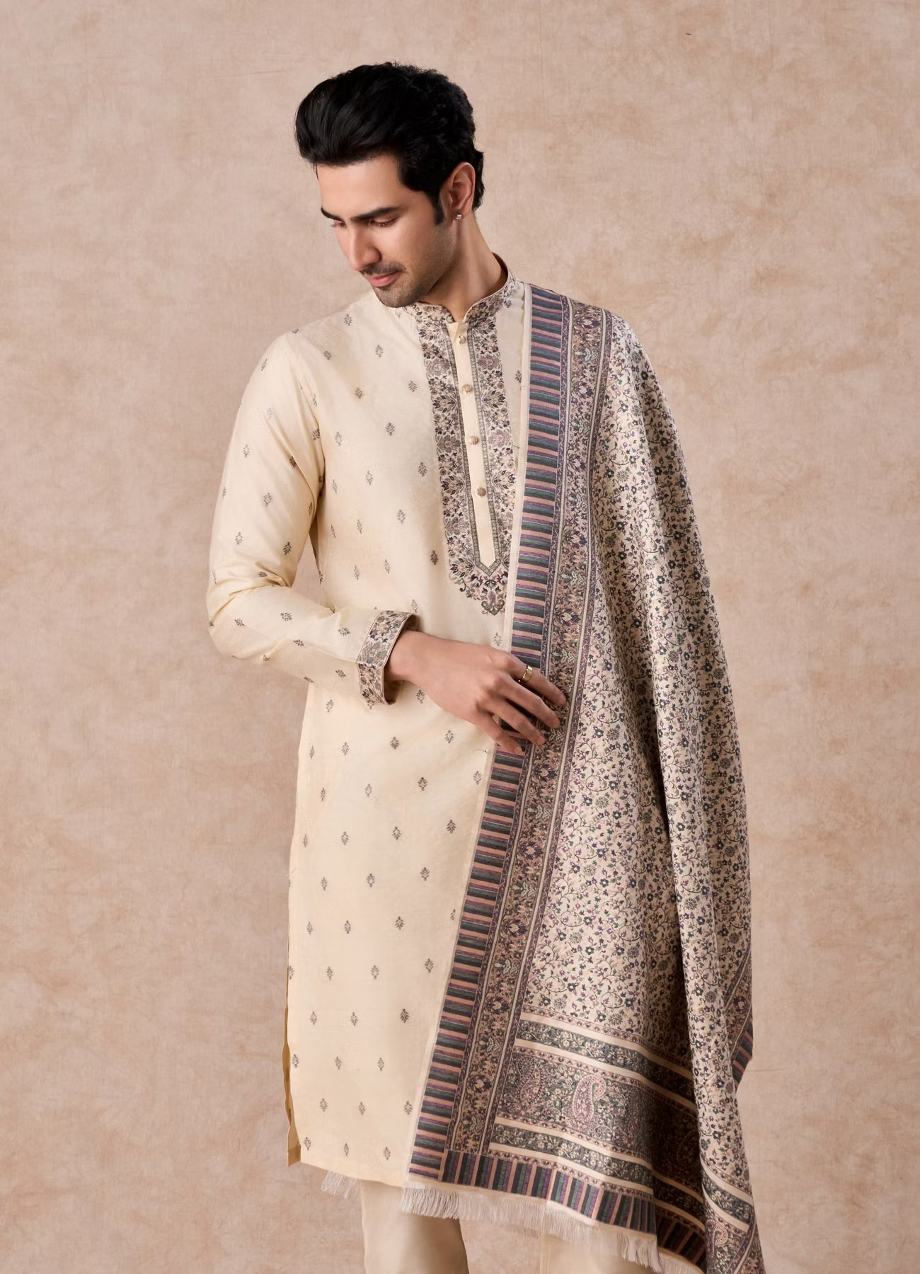 Manyavar Swanky Beige Kurta Pajama Dupatta Set | Ready To Wear