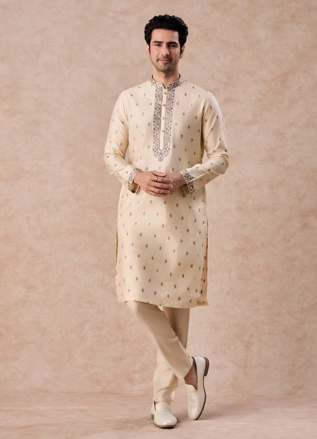 Manyavar Swanky Beige Kurta Pajama Dupatta Set | Ready To Wear