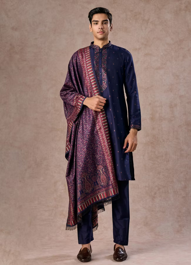 Manyavar Dark Blue Celebration Kurta Pajama Dupatta | Ready To Wear