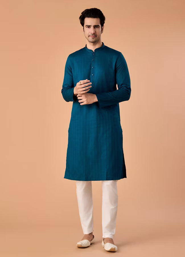 Manyavar Teal Blue Cotton Kurta Pajama | Ready To Wear