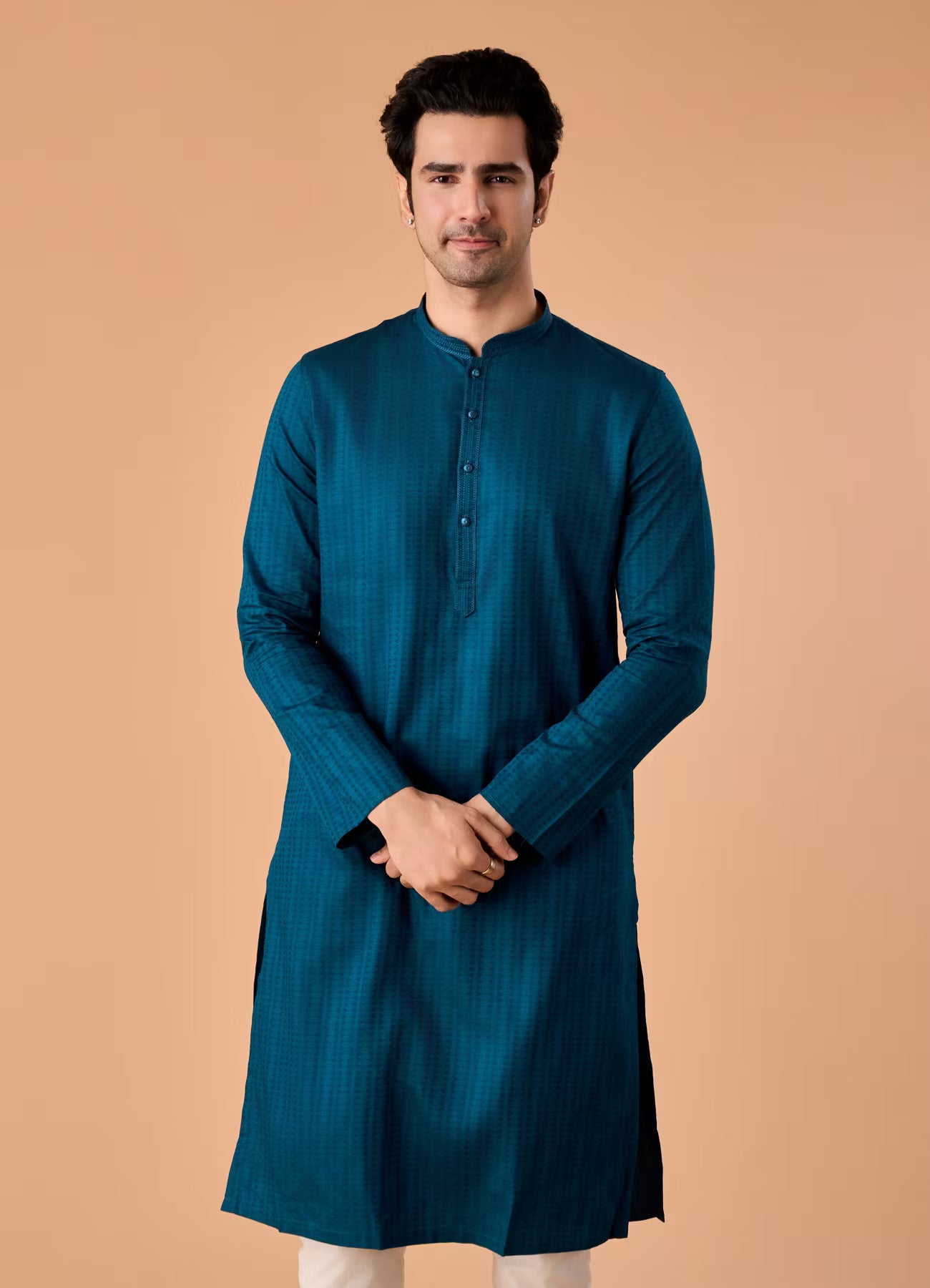 Manyavar Teal Blue Cotton Kurta Pajama | Ready To Wear