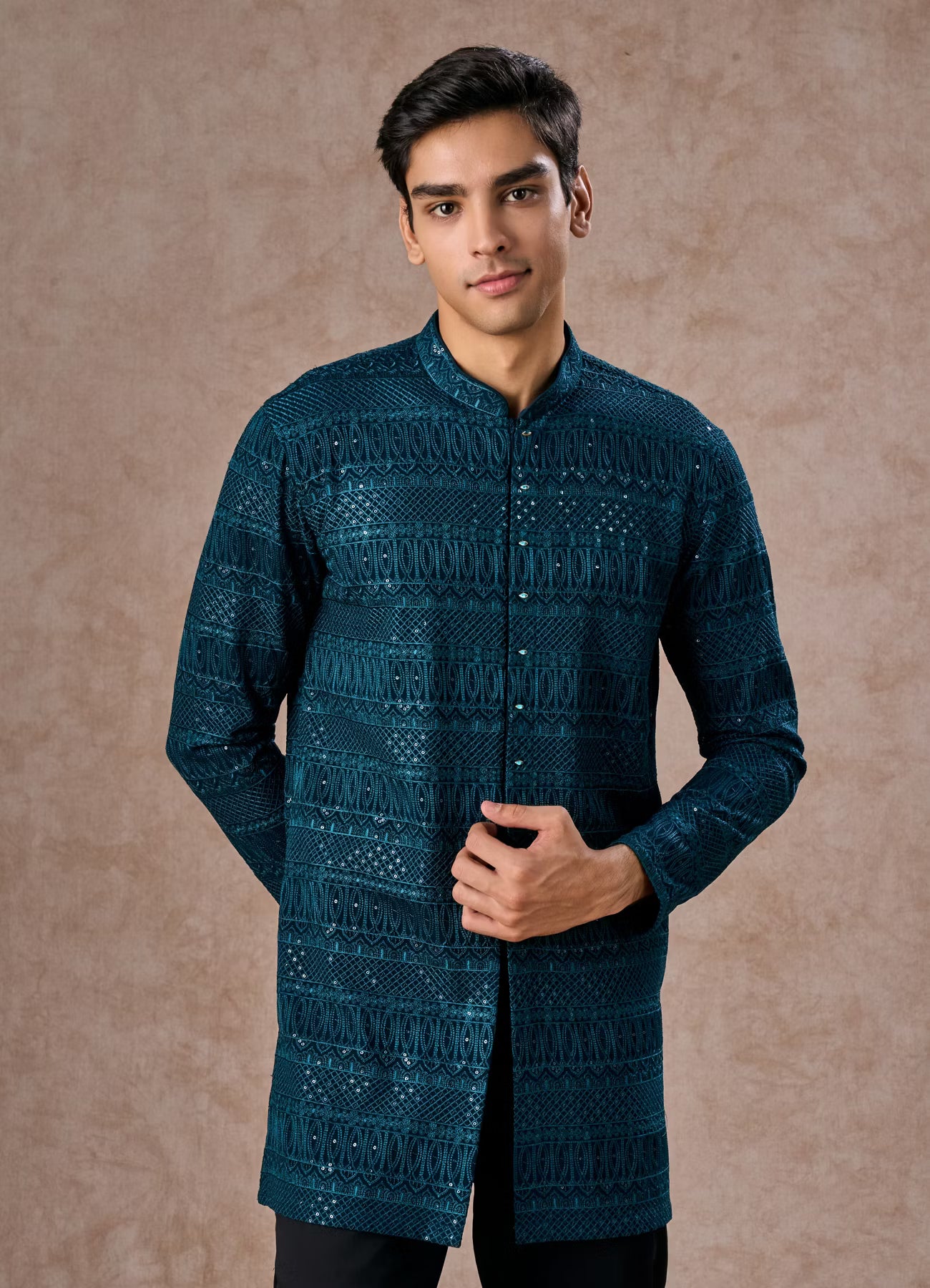 Manyavar  Elegant Georgette Teal Blue Kurta Pant | Ready To Wear