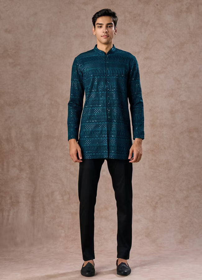 Manyavar  Elegant Georgette Teal Blue Kurta Pant | Ready To Wear