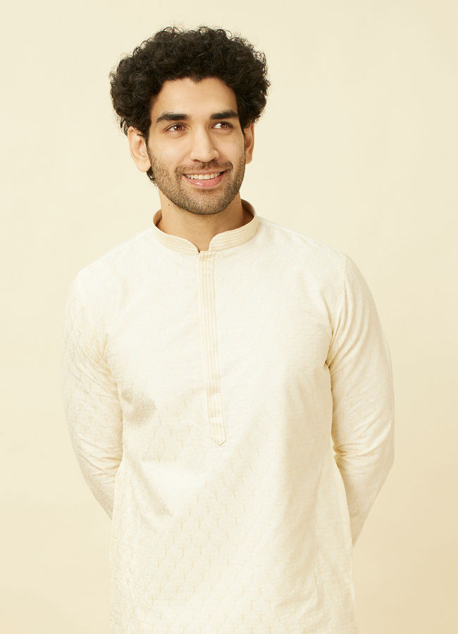 Manyawar Pearled Ivory White Ogee Patterned Kurta Set