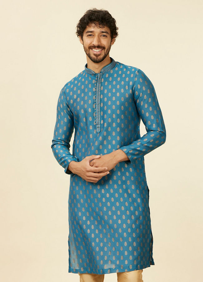 Manyawar Teal Blue Buta Patterned Kurta Set