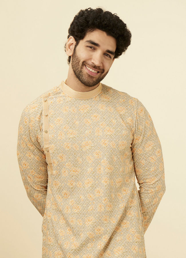 Manyawar Pista Side Open Kurta Pajama Set With Orange Motifs