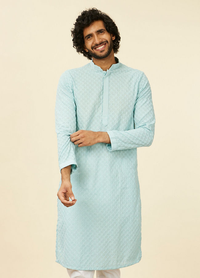 Manyawar Light Blue Grid Patterned Chikankari Kurta Set - India shopping