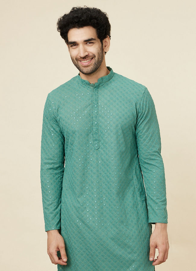 Manyawar Sea Green Sequin Embellished Chikankari Kurta Set