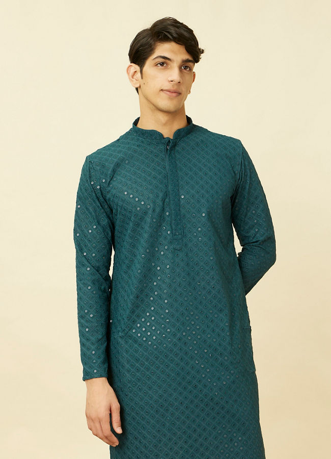 Manyawar Turquoise Blue Diamond Patterned Chikankari Embroidered Kurta Set - India shopping