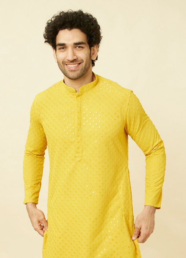 Manyawar Candlelight Yellow Floral Patterned Sequined Chikankari Kurta Set - India shopping