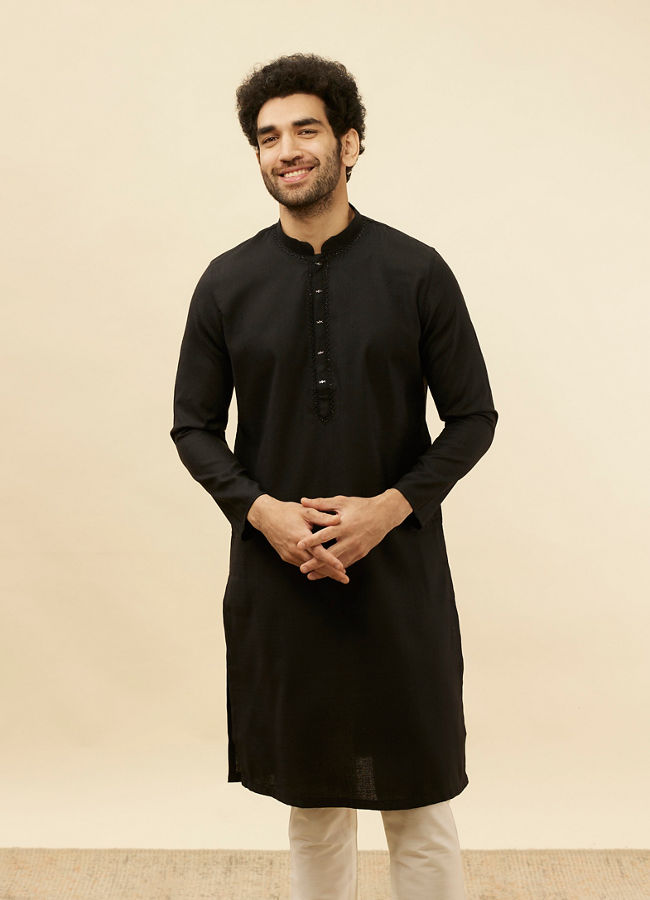 Manyawar Coal Black Embellished Neckline Kurta Set