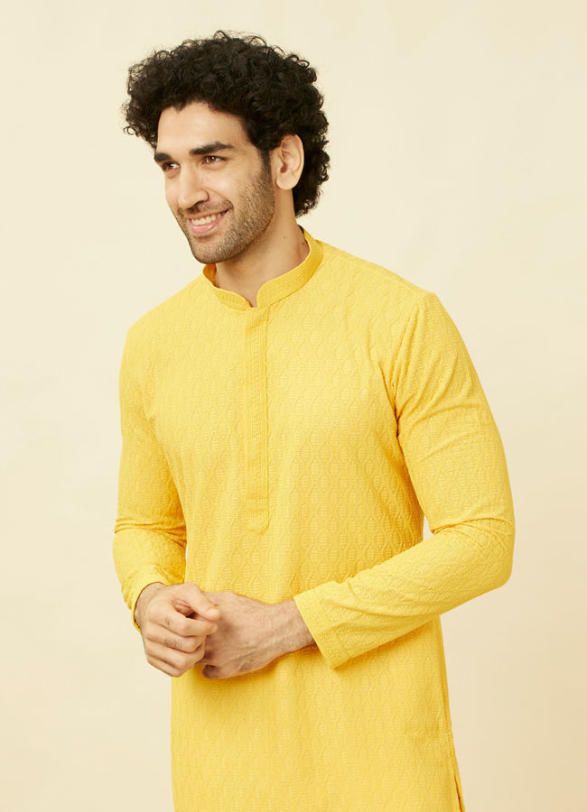 Manyawar Primrose Yellow Chikankari Embroidered Kurta Set - India shopping