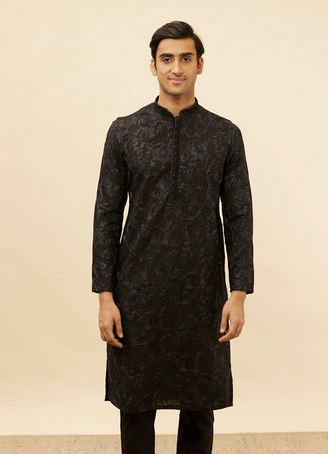 Manyawar Kohl Black Botanical Embroidered Kurta Set