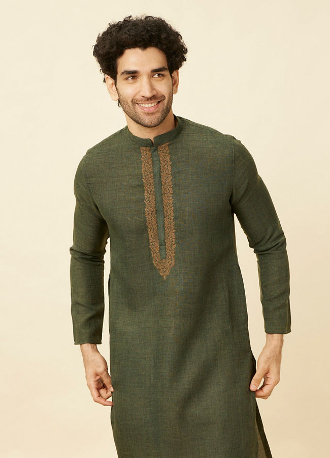 Manyawar Dark Green Kashidakari Embroidered Placket Kurta Set