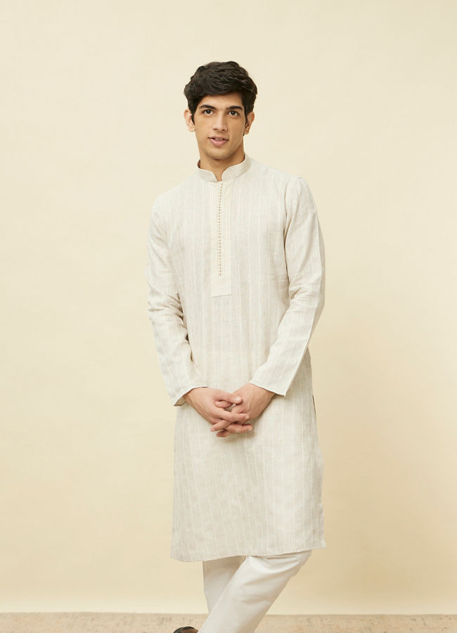 Manyawar Bright White Embroidered Neckline Kurta Set