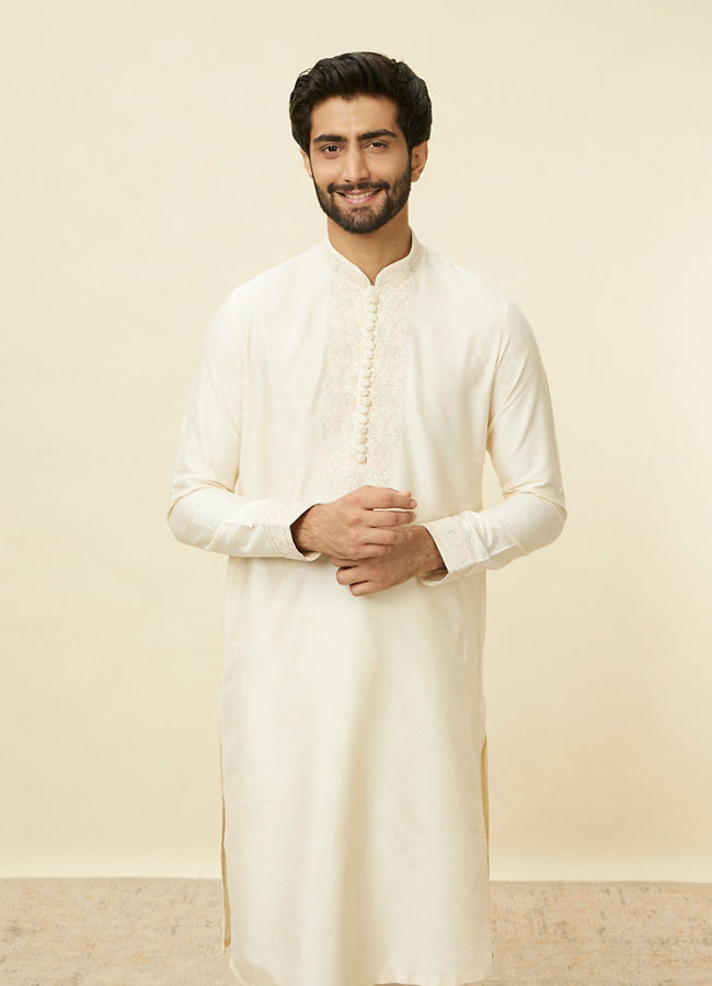 Manyawar Coconut Cream Embroidered Neckline Kurta Set