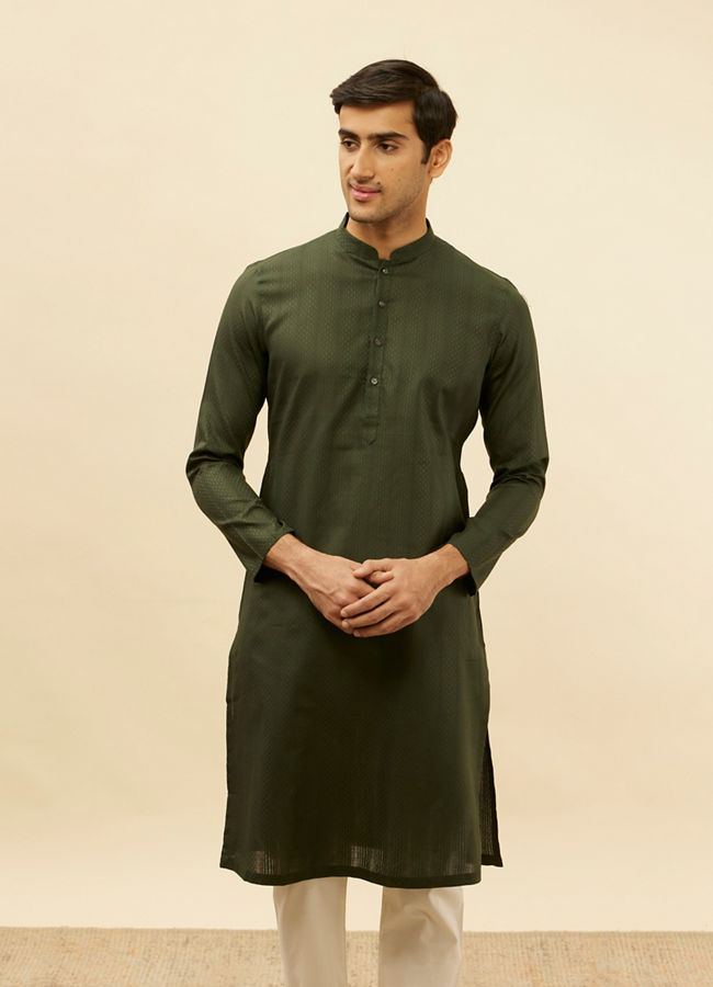 Manyawar Dark Green Self Patterned Kurta Set