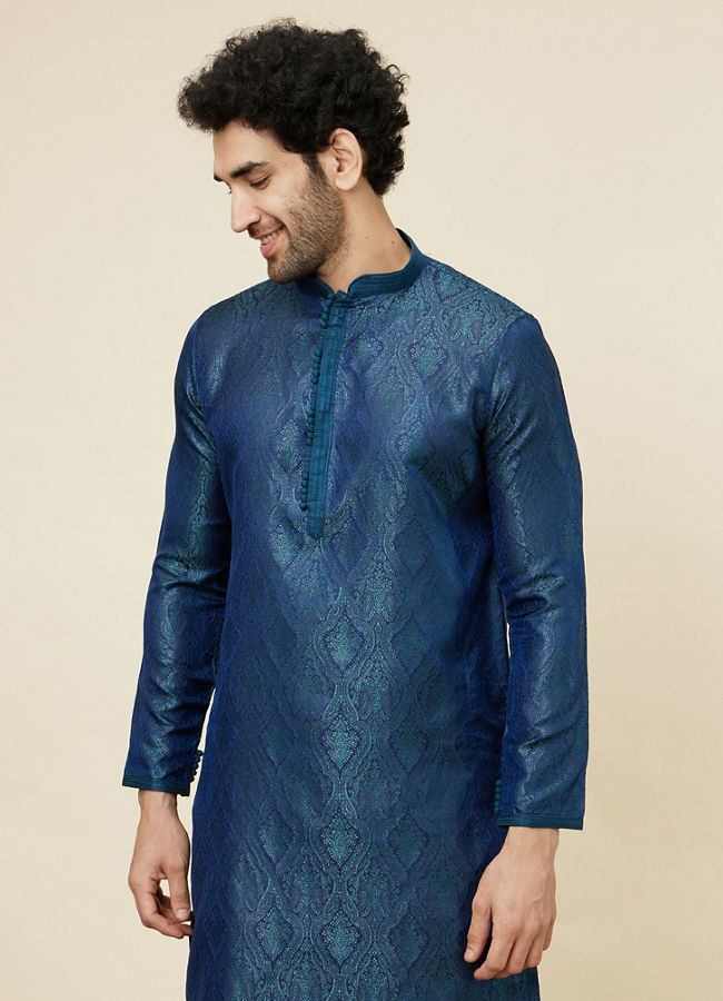 Manyawar Cobalt Blue Medallion Patterned Kurta Set - India shopping