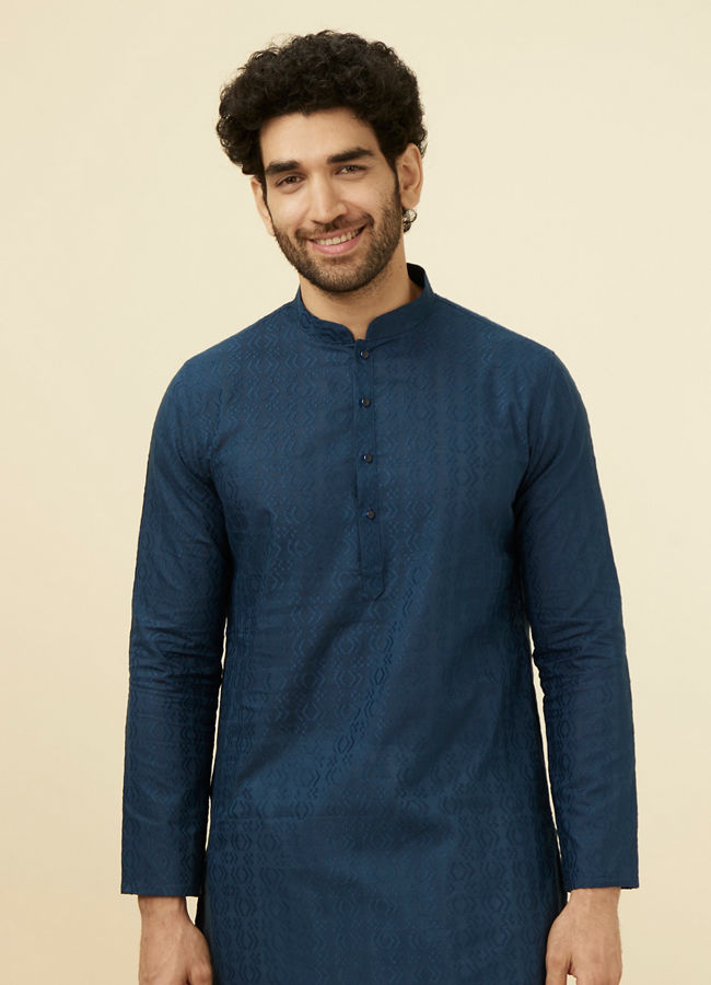 Manyawar Space Blue Self Patterned Kurta Set