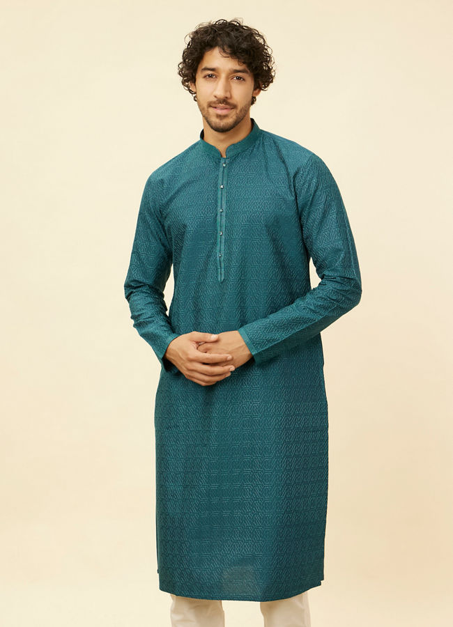 Manyawar Teal Green Self Patterned Kurta Set