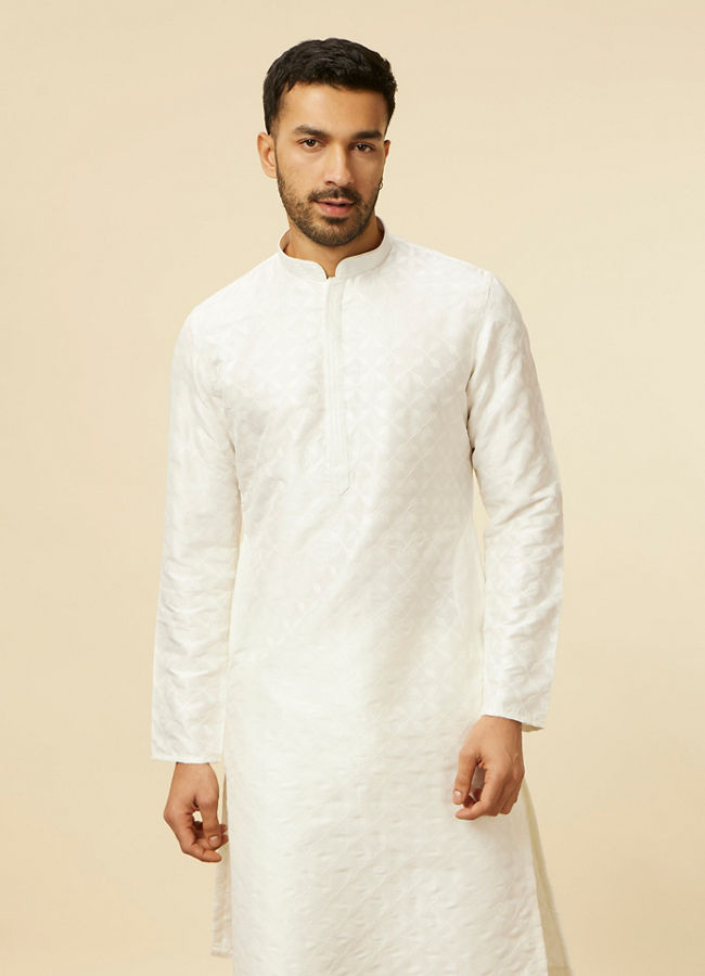 Manyawar White Self Patterned Kurta Set