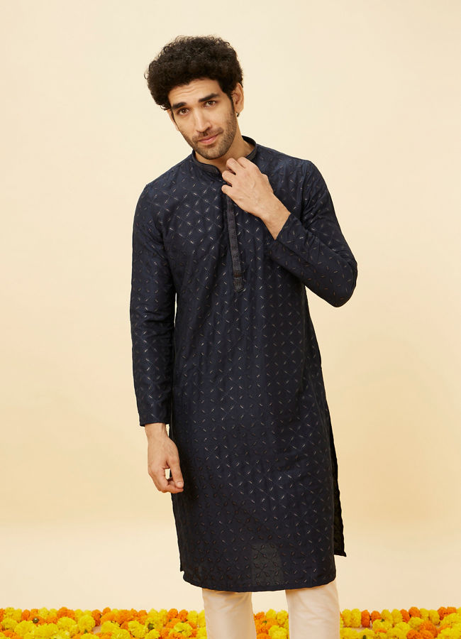 Manyawar Navy Blue Shimmery Lattice Patterned Kurta Set