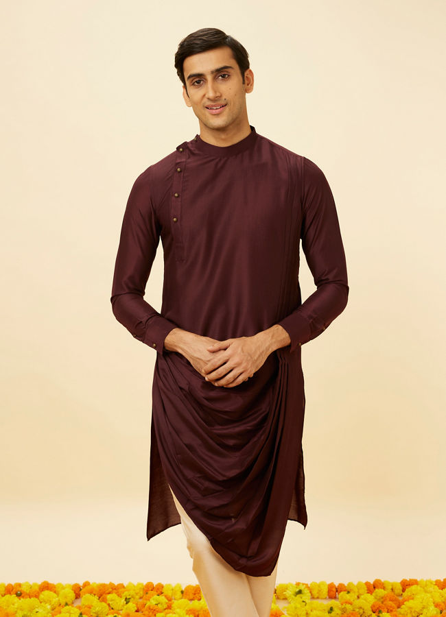 Manyawar Wine Red Drape Detailed Angrakha Kurta Set - India shopping