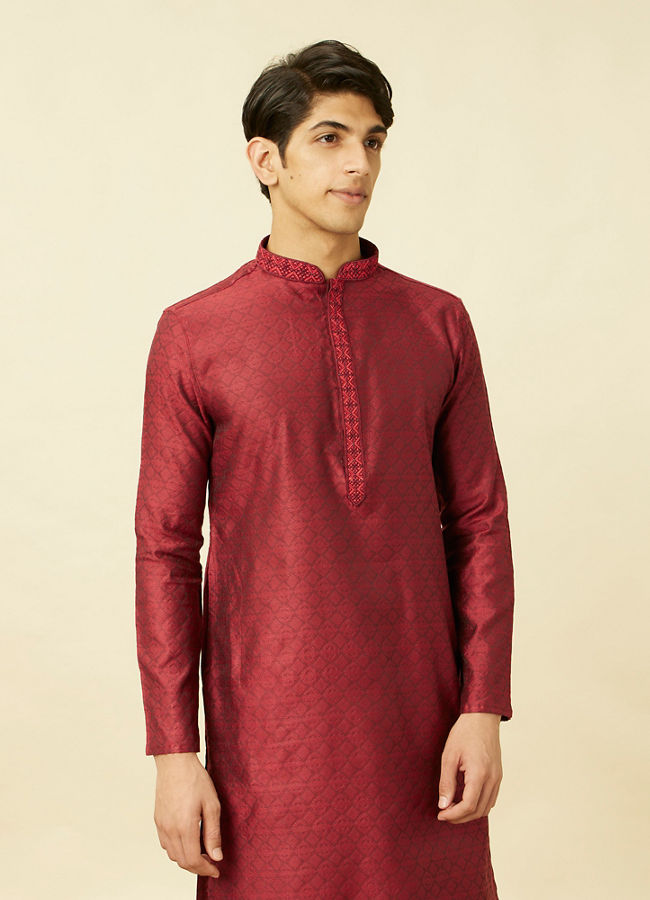 Manyawar Maroon Floral Jaal Patterned Kurta Set - India shopping