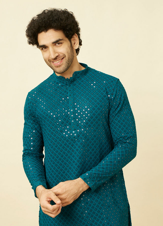 Manyawar Teal Blue Chikankari Patterned Kurta Set - India shopping