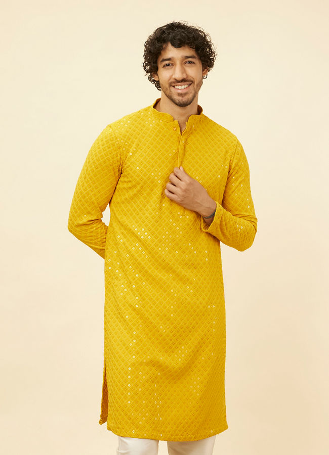 Manyawar Sunglow Yellow Chikankari Embroidered Sequinned Kurta Set