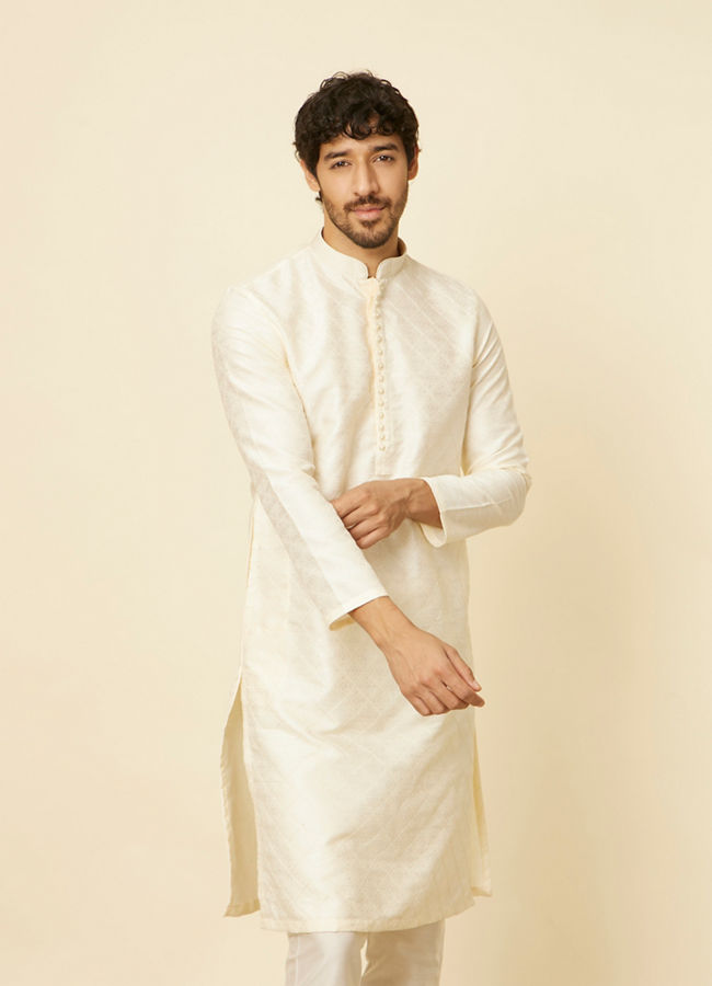 Manyawar Cream Grid Patterned Kurta Set