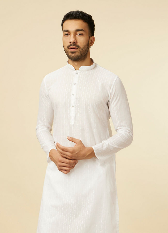 Manyawar White String Patterned Kurta Set